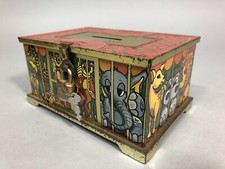 Antique sheet metal piggy bank lock box theme MENAGERIE zoo animals