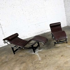 Pair Chaise Lounge Chairs Brown Leather & Chrome & Black Steel Bases Style of Le