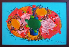 Original colorful folk art fish crab tortoise oil painting Mortes Merisier Haiti