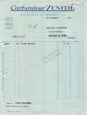 1931 CARBURETOR ZENITH A LYON - M. RIGOLLET A AUMBERIEU EN BUGEY