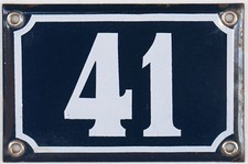 Old blue French house number 41 door gate plate plaque enamel steel metal sign