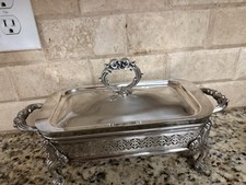 SILVER PLATE ORNATE FOOTED COVERED BUFFET SERVER  WITH PYREX DISH