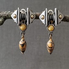 Fahrenheit Pewter Clip Earrings 80s Fab Tiger Stripe Jasper Industrial 