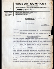 DRESDEN (GERMANY) SEWING MACHINE "WIGEDA Co" letter in 1936