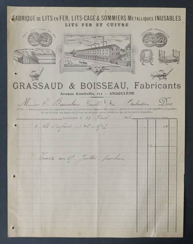 Facture 1906 angouleme lit - 1906,