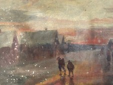 Very beautiful oil painting on canvas snow landscape house 1900 art to identify
