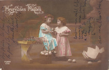 CP PAQUES JOLIES PETITES FILLES PANIER OEUFS - 22395