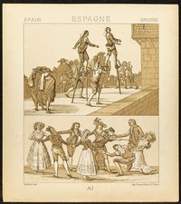 1890 - Espagne - Courses sur échasses et jeu de la cuillère - Lithographie