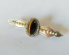 ANCIENNE BROCHE ARGENT MASSIF VERMEIL PERLES FINES OEIL DE TIGRE XIXe EMPIRE