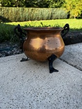 Antique Small Hammered Copper Cauldron - Wrought Iron Handle