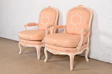 French Provincial Louis XV Carved Painted Walnut Fauteuils, Pair