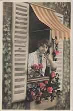 CP WOMEN SENDING KISSING WITH ROSES AT HER WINDOW - SHUTTERS
