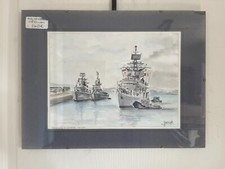 Ancien Tableau Peinture Aquarelle Signé Bateau Mer Accostage Accoster Lorient