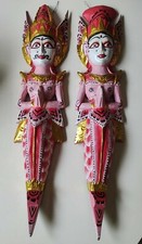 Paire Figurines Murales Balinaises, Rama et Sita. Peint main, en bois polychrome