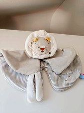 Doudou Plat Rond Lion Blanc Gris Rayé  Nuage Etoiles Attache Tétine Sucre D'orge