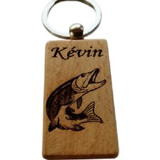 superb exotic fisherman wood keychain, pike + first name of choice