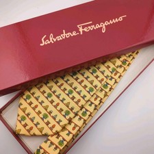 Salvatore Ferragamo Necta Yellow Bonsai Silk Neck Tie Excellent Used No Box