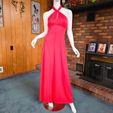 Vtg 70s Soul Train Disco Keyhole Halter Lipstick Red Racerback Maxi Gown Dress M