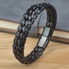 Bracelet Homme Femme Acier Inoxydable Cuir Noir Tréssé - 18,5 cm 20,5 cm 22 cm