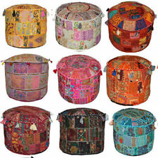 Indian Vintage Embroidered Patchwork Round Seating Pouf Cover Footstool Ottoman