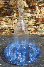 Antique Blue Liquor Service Alcohol Aperitif Digestive 9 Glasses Decanter Tray