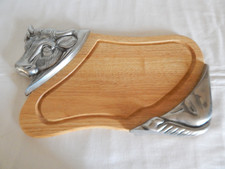 OLD WOODEN CUTTING BOARD with BULL decoration in silver metal