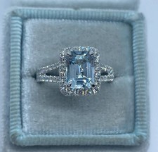 Bague de fiançailles diamant aigue-marine taille émeraude 2,95 ct or blanc ma...