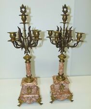 -2 SUPERBES BOUGEOIRS 5 FEUX MARBRE ROSE LAITON BRONZE patiné  étouffoirs XIXe