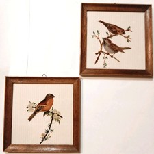 Paire Tableau ancien Peinture sur Verre Cadres Bois Vintage circa 1950