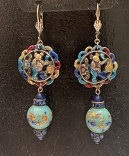 Vintage Asian Themed Colorful Ronde Bosse Enamel Art Glass Rhinestone Earrings