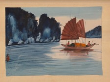 Peinture sur soie signée par l'artiste en provenance d'Indochine-bateau-jonque