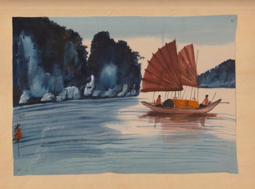 Peinture sur soie signée - , par