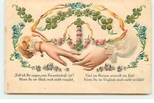Embossed Card - Two Hands Touching, and Clover - 8297