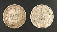 Lot de 2 pièces de Belgique 1 franc en Argent 1904 et 1909