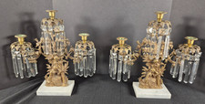Antique Pair Victorian Girandoles Candelabras Marble Gilt Bronze Crystal Prisms