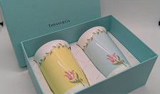 Unused Tiffany & Co. Floral Porcelain Mug Set Pair Yellow Blue Tulip Design 2006