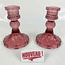 ➜PAIR OF SMALL SHORT CANDLESTICKS/CHANDELIERS pink molded glass vintage France
