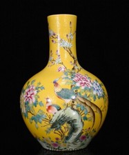 13.4" Qianlong jaune Pastel fleur en porcelaine motif oiseau Vase bouteille