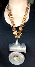 Vintage La TRIBU RIGAUX France Large Tribal Pendant Mixed Materials Necklace 30"