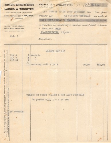 Invoice 1934 knitting yarns - knitting,