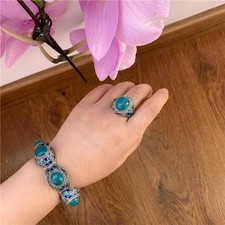 2pc/set Vintage Style Silver Plated Tone Bangle Enamel Filigree Gem Inspired