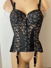 RARE Vtg SATIN LACE Corset Padded Bra Garters Rondeau Lilyette Black Beige 34B