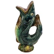 19th C. LARGE French Painted Barbotine Fish Pitcher Onnaing Majolica 11.25”