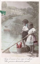 CP 1 APRIL BOY LITTLE GIRL FISHING NETTLE BUCKET FISH - 25408