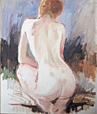 Oil/canvas painting - young woman sitting naked - signed Alan