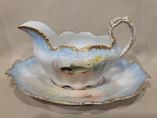 ANTIQUE IMPERIAL FRENCH LIMOGES FRANCE GRAVY BOAT W/UNDERPLATE FISH & GOLD
