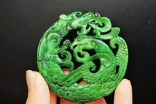 Rare China Green Old Jade Carved *Dragon&Phoenix* Lucky Pendant N8