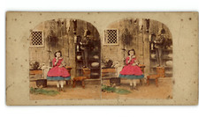 Children in a kitchen, vintage print, ca.1870, watercolor stereo print d&