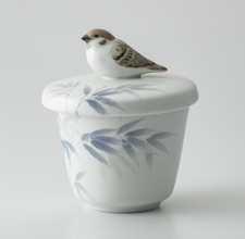 Tasse à thé japonaise peinte à la main avec couvercle moineau bleu bambou cér...