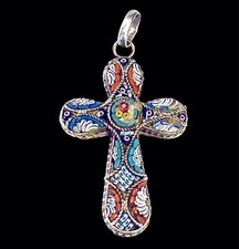 Cross pendant in micro mosaic 19th century floral decor h 5 cm